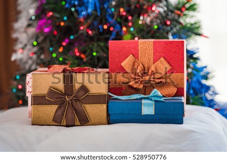 Close up of beautiful paper gift box for christmas and happy new year.