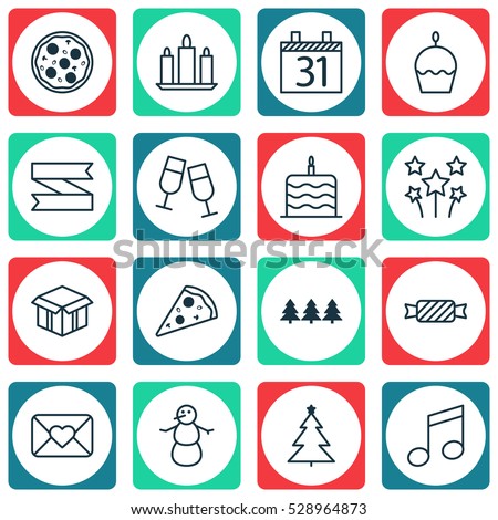 Set Of 16 Celebration Icons. Can Be Used For Web, Mobile, UI And Infographic Design. Includes Elements Such As Sliced Pizza, Decorated Tree, Celebration Cake And More.