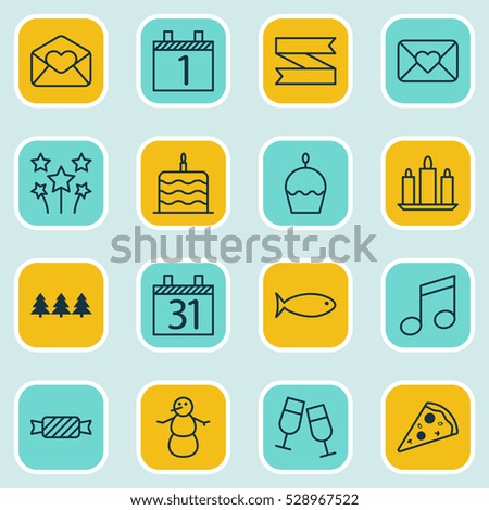 Set Of 16 Christmas Icons. Can Be Used For Web, Mobile, UI And Infographic Design. Includes Elements Such As Champagne Glasses, Celebration Letter, Winter And More.