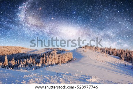Magical winter landscape with snow covered tree. Vibrant night sky with stars and nebula and galaxy. Deep sky astrophoto. Courtesy of NASA.