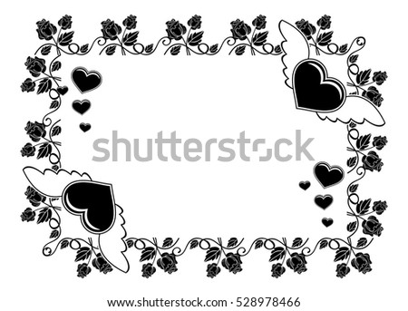 Black and white silhouette frame with roses and flying heart. Valentine day background. Vector clip art.