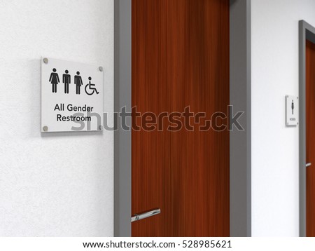 Signage of a public all-gender restroom next to a wooden restroom door showing icons of man, woman, transgender and wheelchair user; black icons on white background