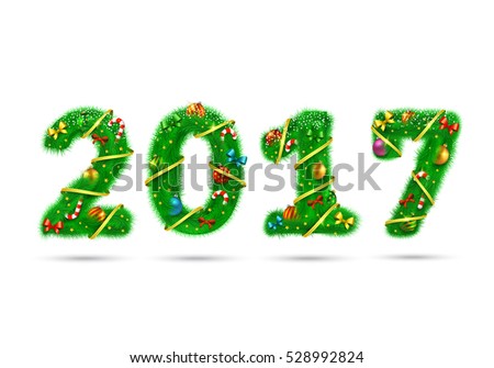 Fir tree font 2017 number. Christmas and New Year holiday design elements.