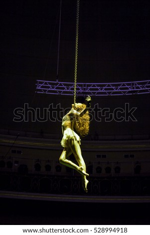 Circus. Air gymnast on a chain. Circus artist. Flying under the big top. The risk to life. Without insurance. Chain