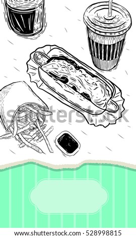 Fast food background. Linear graphic. Snack collection. Junk food. Engraved top view illustration. Vector illustration