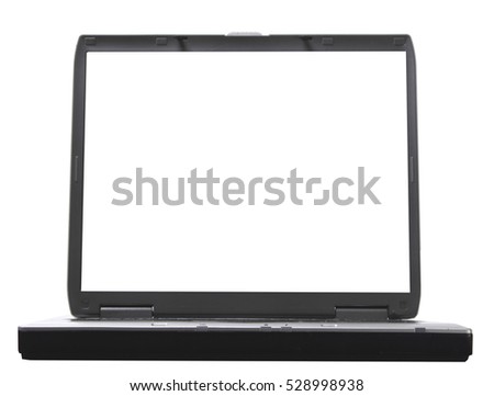 old gray laptop on white background. front view