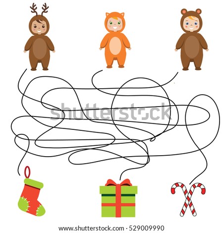Matching children game, maze kids activity. Help the children find gift boxes and christmas presents