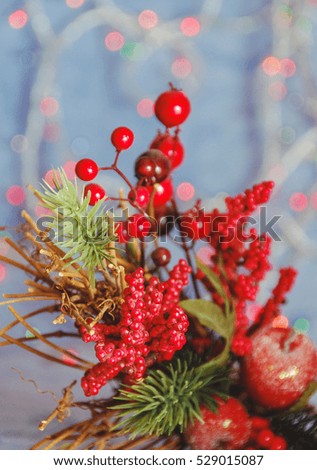 Greeting card. Merry Christmas and happy New Year! Background, defocused festive lights.