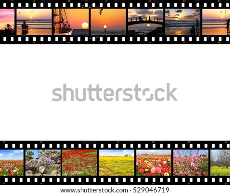 Nature landscapes of Israel. Nature reserve and National parks. Film strip. Isolated on white