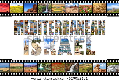 Nature landscapes of Israel. Nature reserve and National parks. Film strip. Words Mediterranean Israel. Isolated on white