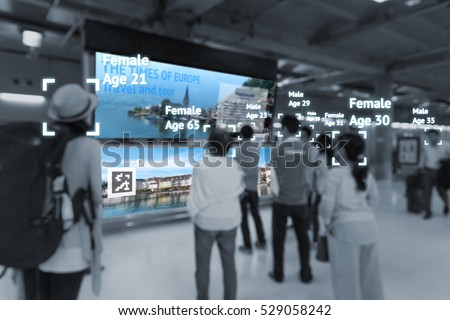 Intelligent Digital Signage , Augmented reality marketing and face recognition concept. Group of people watch interactive artificial intelligence digital advertisement in retail shopping Mall.