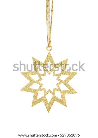 Golden Christmas star on ribbon isolated on white background