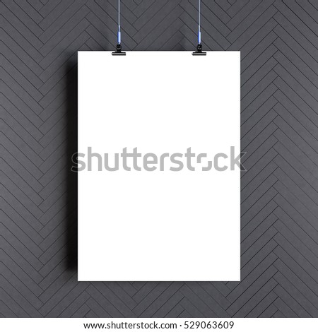 Paper blank poster template hanging over wall. 3D illustration. High quality