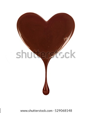 chocolate stain in the form of heart with falling drop isolated on white background  Royalty-Free Stock Photo #529068148