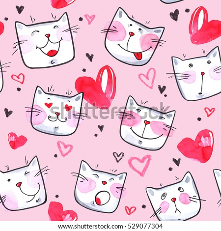 Hand painted seamless pattern with cute kittens. Watercolor bright cartoon cats on the white background. Lovely texture.