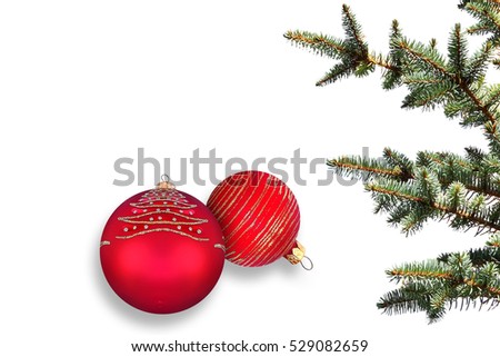 Merry Christmas. Happy New Year.Red baubles and Christmas tree branches against white background.Fireworks,fairy stars and sparkles celebration composition. Holidays. Winter festive background 