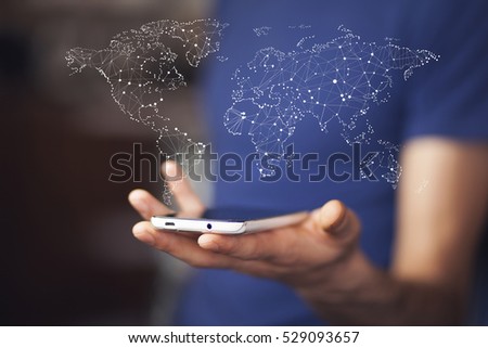 man hand phone on  world map