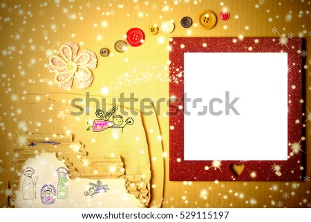 Cheerful Christmas photo frame card, child's crib drawing of Nativity Scene in a carton and star of Bethlehem made with a flower and buttons