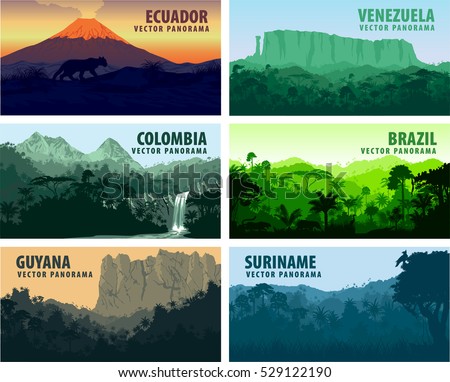 vector set of panorams countries South America - Venezuela, Brazil, Suriname, Ecuador, Colombia, Guyana Royalty-Free Stock Photo #529122190