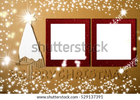 Christmas two photo frames card, Christmas tree made with pieces of cardboard and Christmas greeting in carton letters