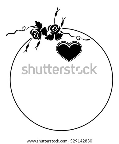 Black and white round silhouette frame with roses and flying heart. Valentine day background. Vector clip art.