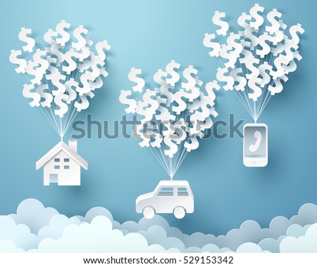 Paper house, car and mobile phone hanging with dollar sign balloon, business and asset management concept and paper art idea, vector art and illustration.
