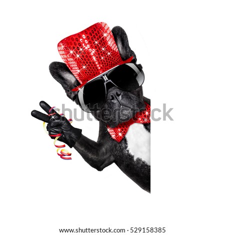 french bulldog dog celebrating new years eve with champagne isolated on white background beside a banner or placard, peace and victory fingers