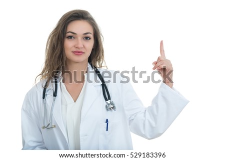 medical doctor woman smile with stethoscope and hand showing something