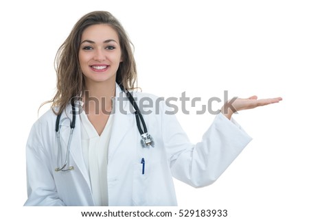 medical doctor woman smile with stethoscope and hand showing something