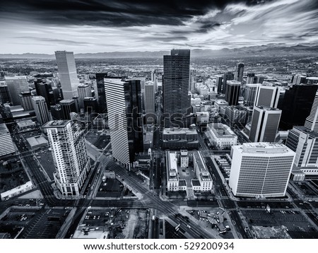 Aerial/Drone photo.  Black and white image of the capital city of Denver Colorado