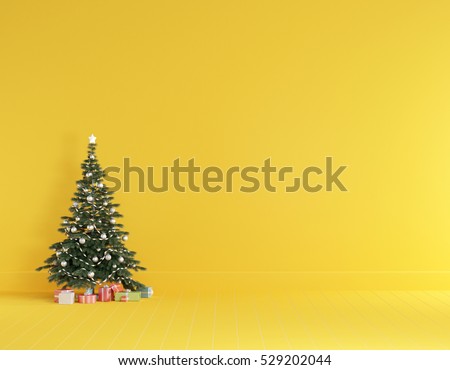 Christmas concept interior room , christmas tree , gift box in yellow room interior with wooden floor.