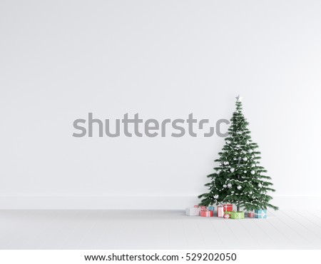 Christmas concept interior room , christmas tree , gift box in white room interior with wooden floor.