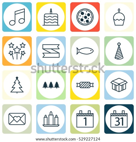 Set Of 16 New Year Icons. Can Be Used For Web, Mobile, UI And Infographic Design. Includes Elements Such As Wax, Festive Fireworks, Sweet And More.