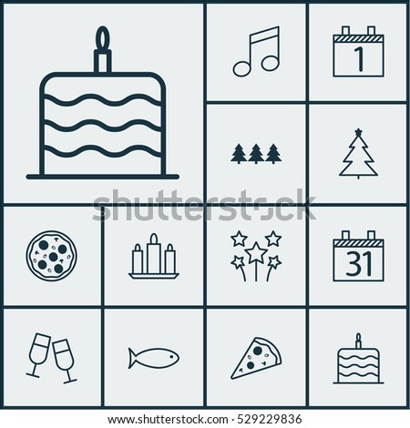 Set Of 12 Holiday Icons. Can Be Used For Web, Mobile, UI And Infographic Design. Includes Elements Such As Sliced Pizza, Date, Fishing And More.