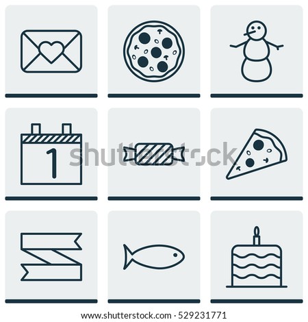 Set Of 9 Happy New Year Icons. Can Be Used For Web, Mobile, UI And Infographic Design. Includes Elements Such As Blank Ribbon, Celebration Cake, Fishing And More.