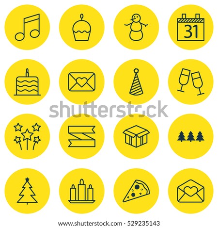 Set Of 16 Happy New Year Icons. Can Be Used For Web, Mobile, UI And Infographic Design. Includes Elements Such As Crotchets, Birthday Hat, Winter And More.