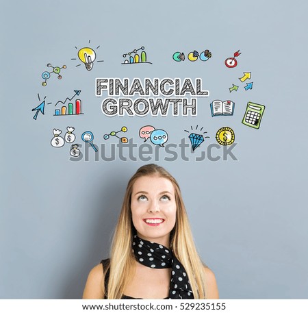 Financial Growth concept with happy young woman on a gray background