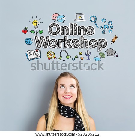 Online Workshop concept with happy young woman on a gray background