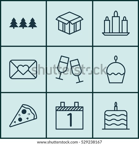 Set Of 9 New Year Icons. Can Be Used For Web, Mobile, UI And Infographic Design. Includes Elements Such As Champagne Glasses, Open Cardboard, Sliced Pizza And More.