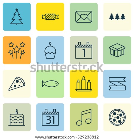 Set Of 16 Happy New Year Icons. Can Be Used For Web, Mobile, UI And Infographic Design. Includes Elements Such As Holiday Ornament, Birthday Cake, Agenda And More.