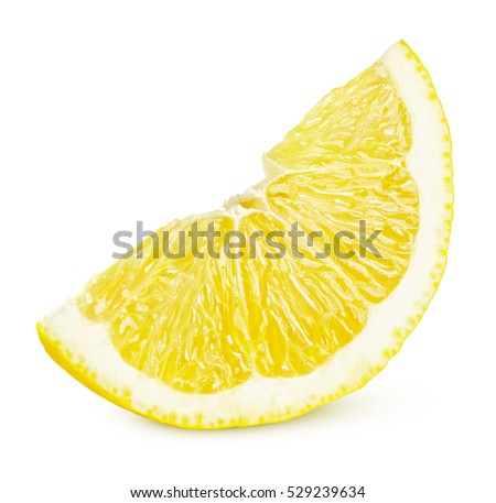 One slice of lemon citrus fruit isolated on white background. Lemon slice with shadow Royalty-Free Stock Photo #529239634