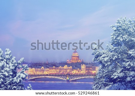 Winter in Russia. Christmas background : Saint Petersburg at winter evening. Vintage colored picture. X-mas, New Year, Europe, Love and travel concept.