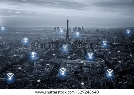 Paris smart city scape and network connection concept, wireless signal of internet in business city. internet connection. social on line business.