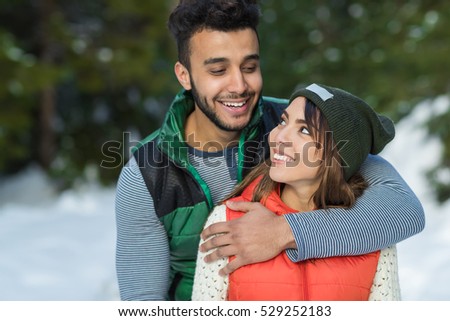 Young Mix Race Couple Snow Forest Outdoor Winter Walk Pine Woods