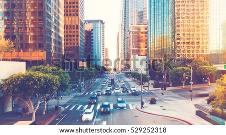 View of Los Angeles rush hour traffic in Downtown LA Royalty-Free Stock Photo #529252318
