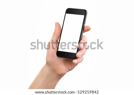 Mockup of male hand holding black cellphone isolated at white background. Royalty-Free Stock Photo #529259842