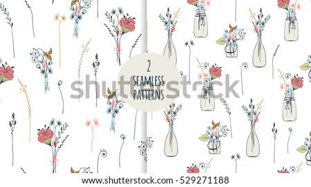 Two seamless pattern with thin long flowers. Trendy seamless floral background in vector. (under clipping mask)
