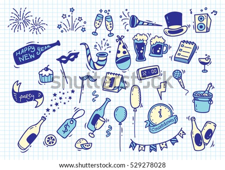 Hand drawn New Year doodle on paper background