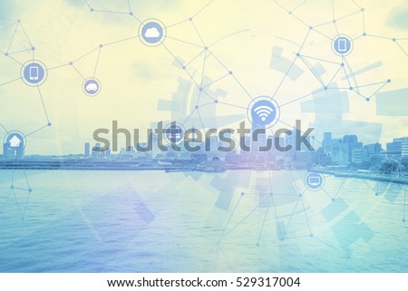 duo tone graphic of smart city and wireless communication network, abstract image visual, internet of things
