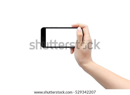 Female hand take a photo by smartphone with empty screen. Isolated on white background.